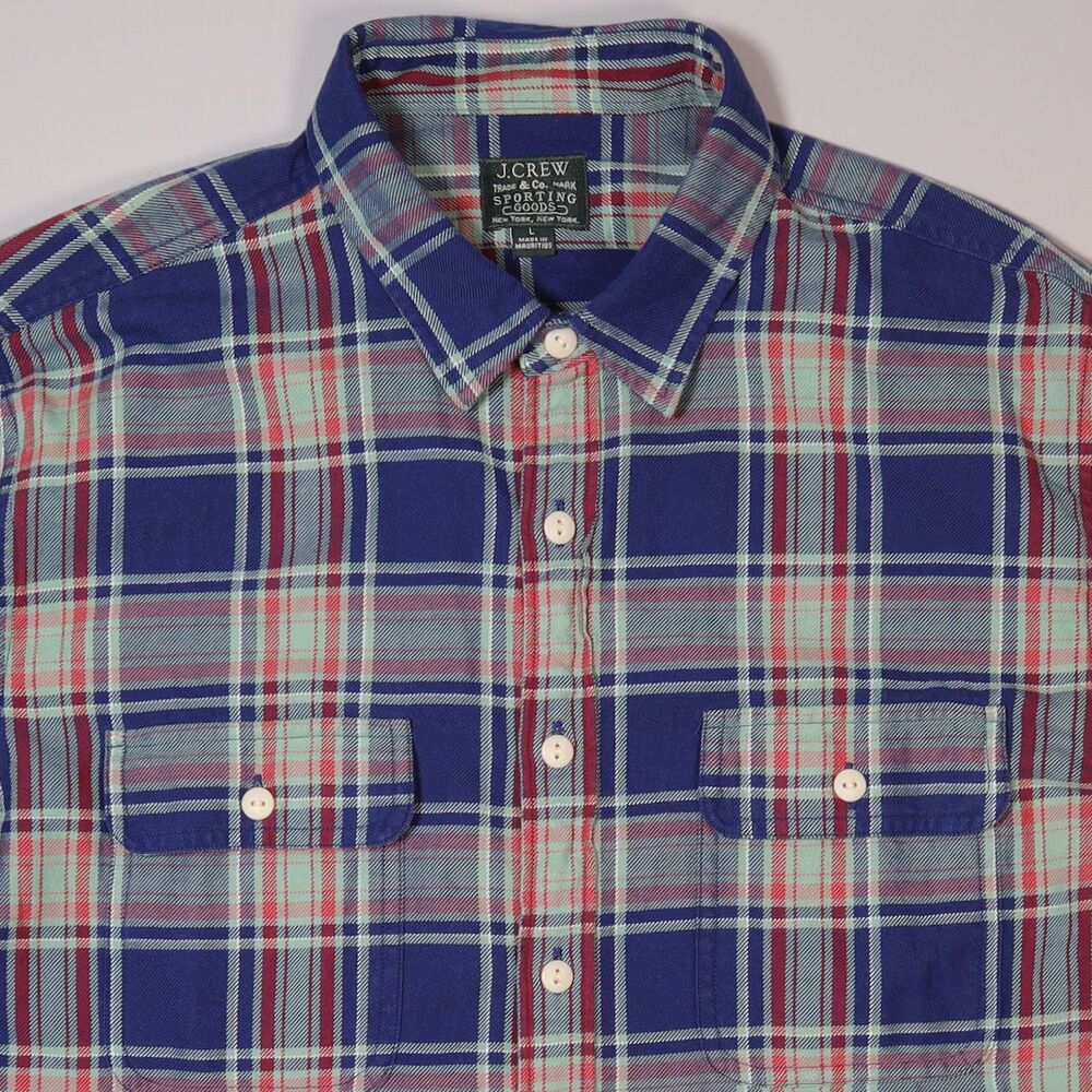 J Crew Sporting Goods Outdoor Long Sleeve BLue Plaid Flannel Shirt Men's Large